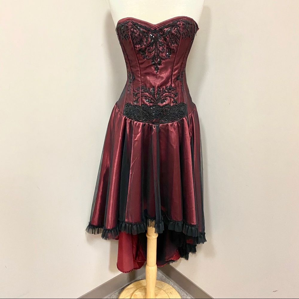 Dark Red Beaded Corset Dress High Low Skirt
